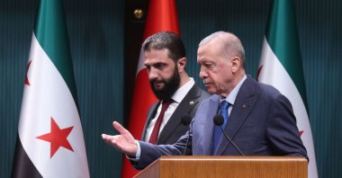 President Recep Tayyip Erdoğan and Syria's President Ahmed al-Sharaa hold a joint press conference, Ankara, Türkiye, Feb. 4, 2025. (Getty Images Photo)