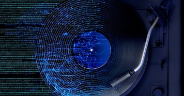A vinyl record player is pictured in an illustration representing the intersection of artificial intelligence and music. (Shutterstock Photo)