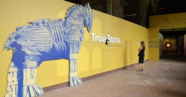 The entrance of the “Troy and Rome: Myths, Legends and Stories of the Ancient Mediterranean” exhibition at the Colosseum, Rome, Italy, Aug. 31, 2026. (IHA Photo)