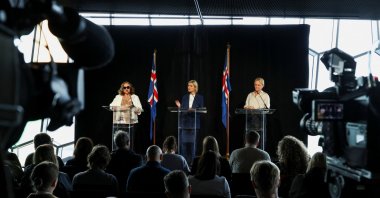 Iceland's Prime Minister Kristrun Frostadottir, Minister for Foreign Affairs Thorgerdur Katrin Gunnarsdottir and Minister of Education and Children Inga Saeland hold a press conference after Iceland rejected EU accession talks in a close-fought referendum, in Reykjavik, Iceland, Aug. 30, 2026. (Reuters Photo)