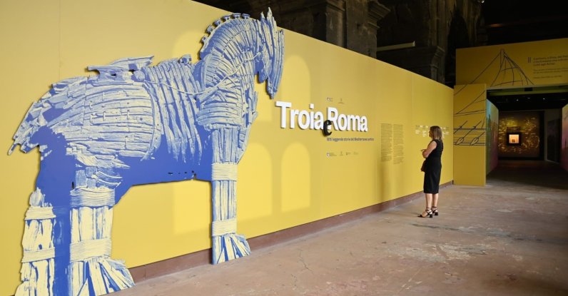 The entrance of the “Troy and Rome: Myths, Legends and Stories of the Ancient Mediterranean” exhibition at the Colosseum, Rome, Italy, Aug. 31, 2026. (IHA Photo)
