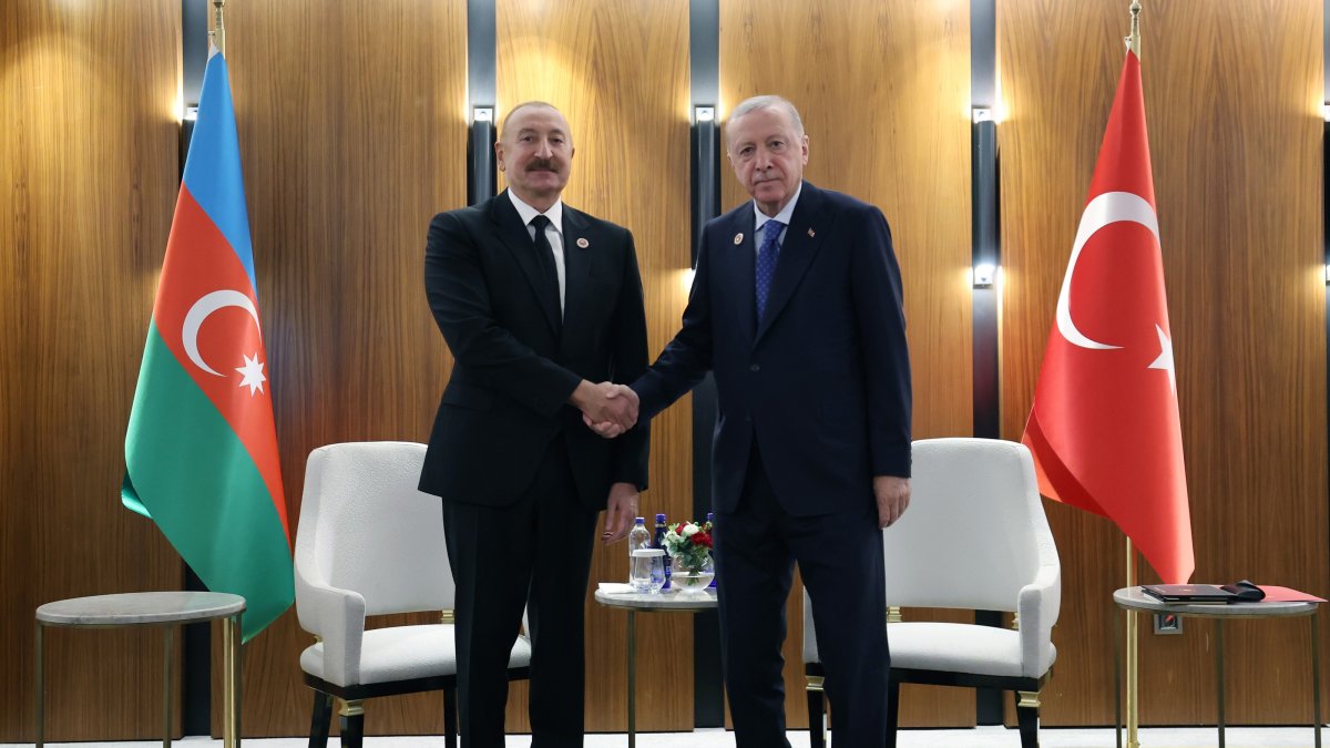 President Recep Tayyip Erdoğan and President Ilham Aliyev shake hands before their meeting, Bishkek, Kyrgyzstan, Sept. 1, 2026. (AA Photo)