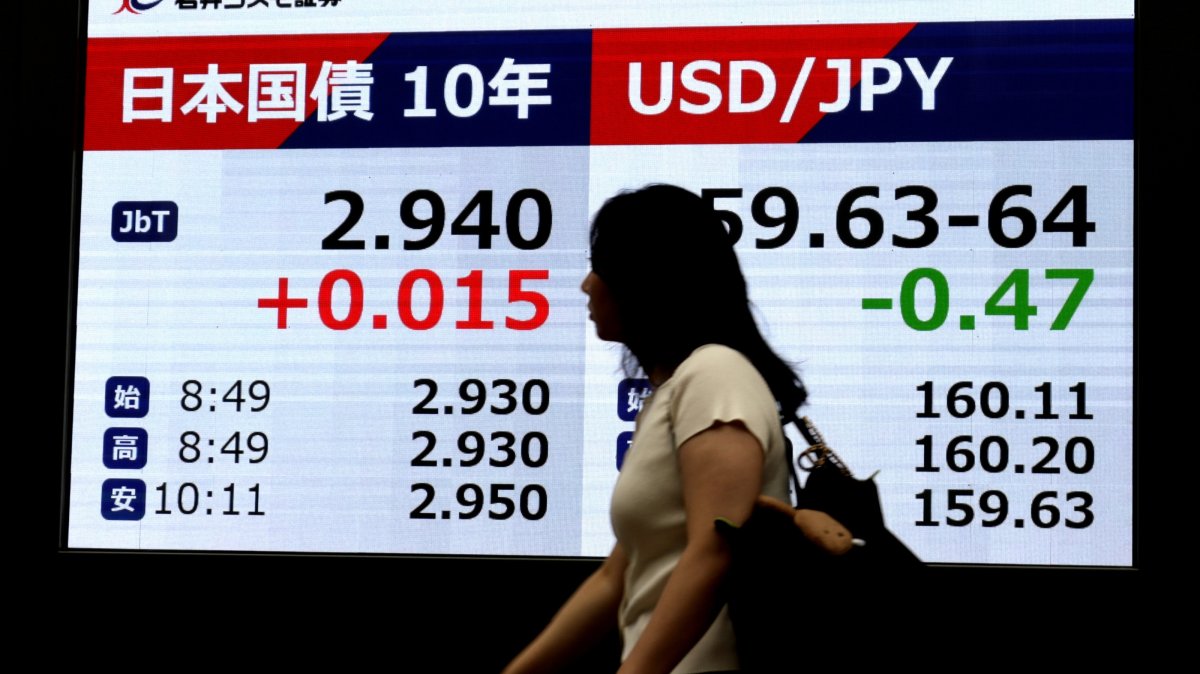 A passerby walks past a screen (L) showing the yield on the 10-year Japanese government bond, Tokyo, Japan, Aug. 31, 2026. (EPA Photo)