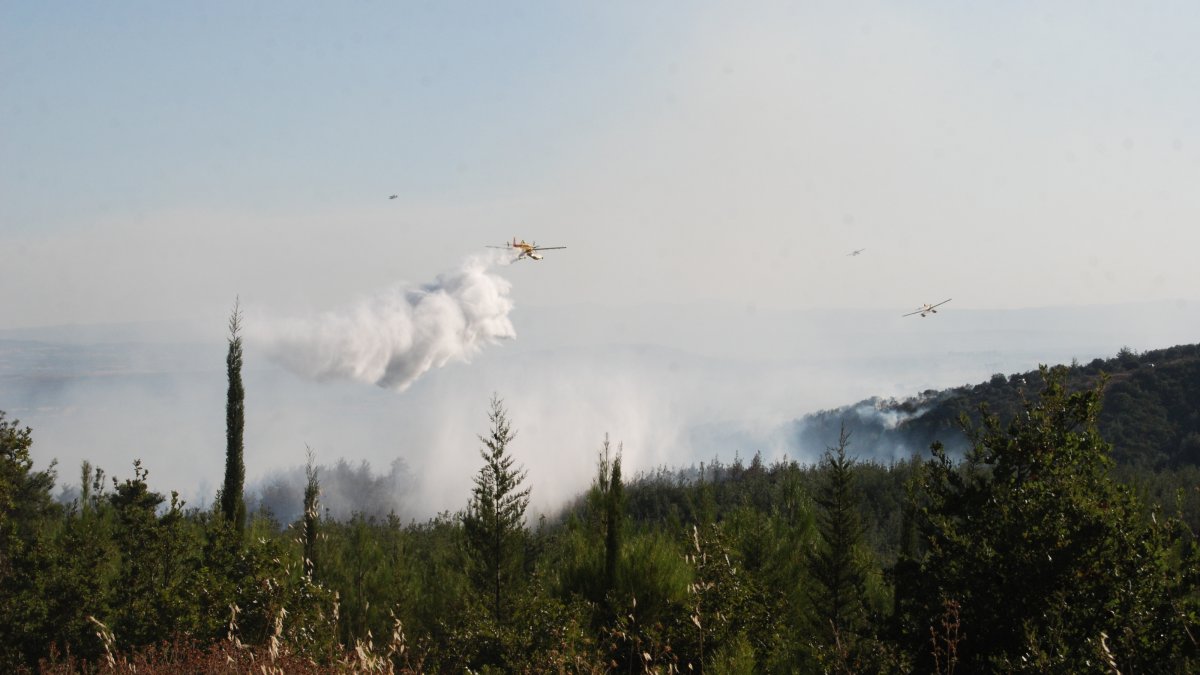 Firefighting aircraft conduct aerial operations as crews battle a forest fire, Çanakkale, Türkiye, Aug. 31, 2026. (AA Photo)