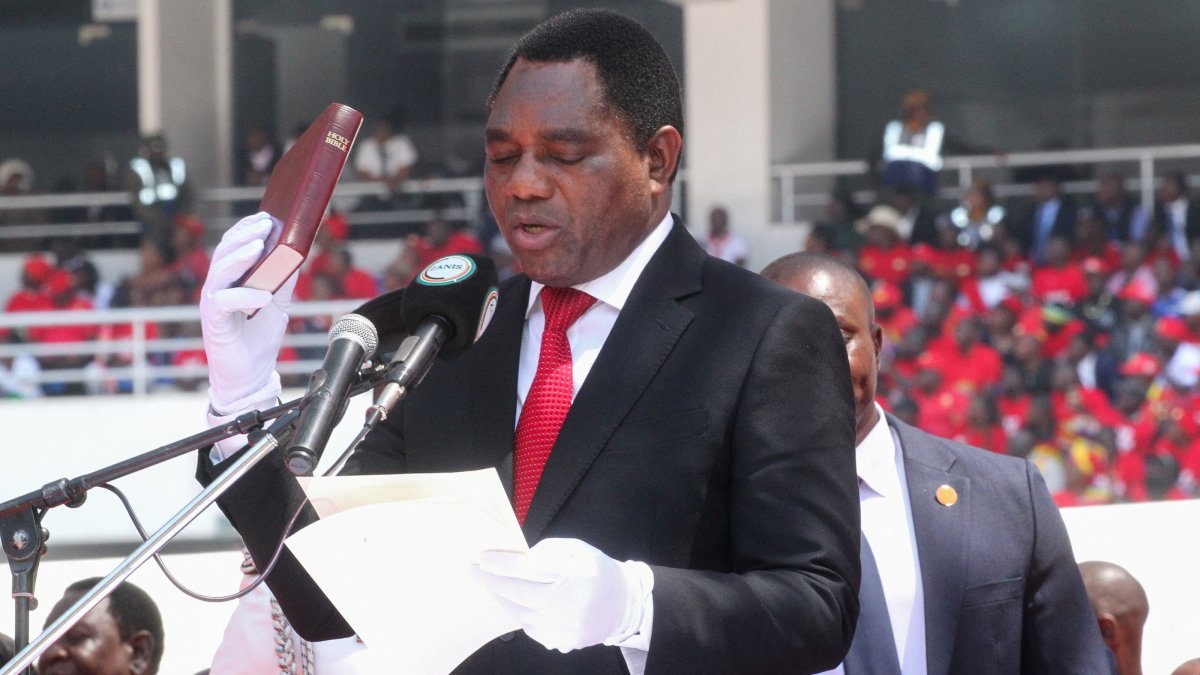 Zambia's President Hakainde Hichilema gestures during his swearing-in ceremony for a second term at National Heroes Stadium in Lusaka, Zambia, Sept. 1, 2026. (Reuters Photo)