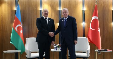 President Recep Tayyip Erdoğan and President Ilham Aliyev shake hands before their meeting, Bishkek, Kyrgyzstan, Sept. 1, 2026. (AA Photo)