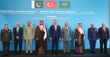 Foreign ministers and defense ministers of Türkiye, Saudi Arabia and Pakistan pose before the first committee meeting under the Mecca Joint Defense Accord, Istanbul, Türkiye, Aug. 31, 2026. (Reuters Photo)