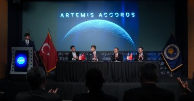 NASA Administrator Jared Isaacman (2nd-L), Industry and Technology Minister Mehmet Fatih Kacır (2nd-R) and Turkish Space Agency (TUA) President Yusuf Kıraç (R) attend the ceremony marking Türkiye's signing of the Artemis Accords, Washington, U.S., Aug. 31, 2026. (AA Photo)