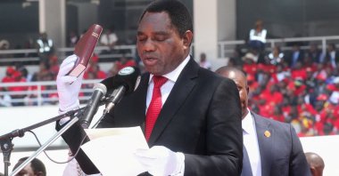 Zambia's President Hakainde Hichilema gestures during his swearing-in ceremony for a second term at National Heroes Stadium in Lusaka, Zambia, Sept. 1, 2026. (Reuters Photo)