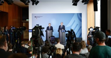 German Interior Minister Alexander Dobrindt and German Foreign Minister Johann Wadephul attend a press conference on the drone incident at Leipzig Airport in Berlin, Germany,  Sept. 1, 2026. (EPA Photo)