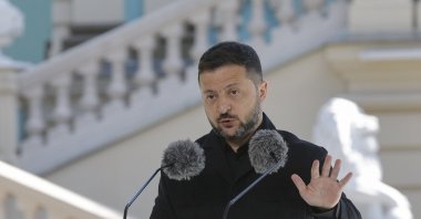 Ukrainian President Volodymyr Zelenskyy speaks during a joint press conference with President of Estonia Alar Karis (not pictured) at the Mariinsky Palace in Kyiv, Ukraine, Aug. 25, 2026. (EPA Photo)