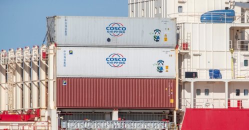 A general view of Cosco shipping containters stacked in Klaipeda, Lithuania, April 24, 2025. (Shutterstock Photo)