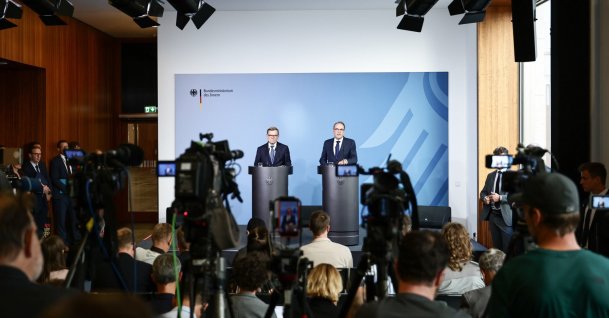 German Interior Minister Alexander Dobrindt and German Foreign Minister Johann Wadephul attend a press conference on the drone incident at Leipzig Airport in Berlin, Germany,  Sept. 1, 2026. (EPA Photo)