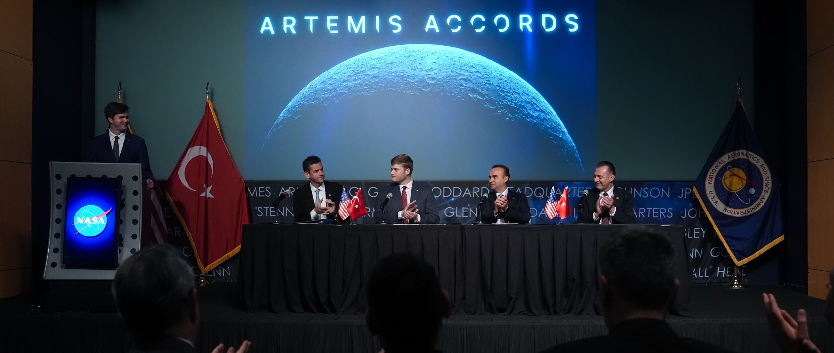 NASA Administrator Jared Isaacman (2nd-L), Industry and Technology Minister Mehmet Fatih Kacır (2nd-R) and Turkish Space Agency (TUA) President Yusuf Kıraç (R) attend the ceremony marking Türkiye's signing of the Artemis Accords, Washington, U.S., Aug. 31, 2026. (AA Photo)