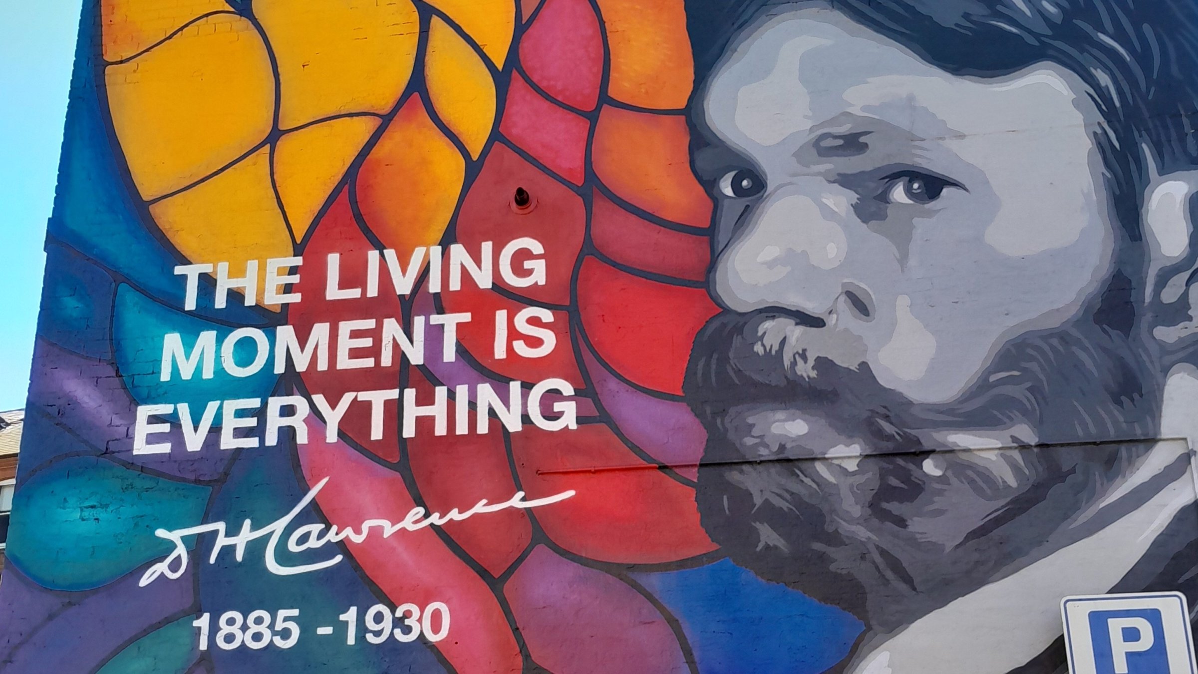 A mural of the English writer D.H. Lawrence, facing toward the house in which the writer was born, Nottingham, U.K., April 24, 2026. (Photo courtesy of A. Peter Dore)