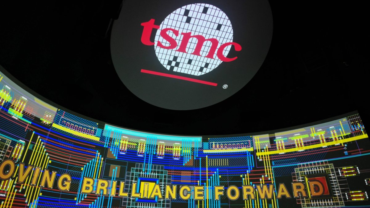 The TSMC logo is seen on screens at the TSMC Renovation Museum at the Hsinchu Science Park in Hsinchu, Taiwan, July 5, 2023. (AFP Photo)
