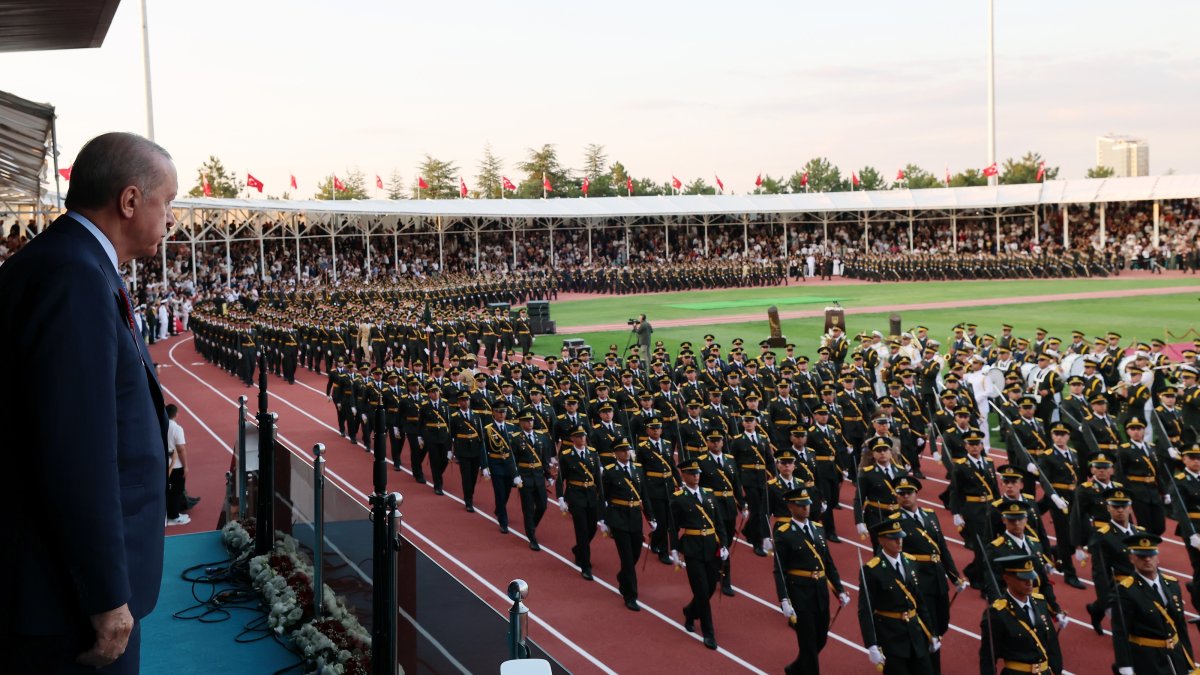 President Recep Tayyip Erdoğan watches a parade of cadets on Victory Day, marking the expulsion of Greek invaders, Ankara, Türkiye, Aug. 30, 2026. (AA Photo)