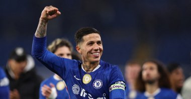Chelsea's Enzo Fernandez celebrates after the Premier League match against Tottenham Hotspur at Stamford Bridge, London, U.K., May 19, 2026. (Reuters Photo)