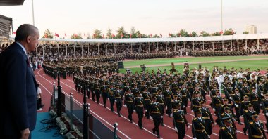 President Recep Tayyip Erdoğan watches a parade of cadets on Victory Day, marking the expulsion of Greek invaders, Ankara, Türkiye, Aug. 30, 2026. (AA Photo)