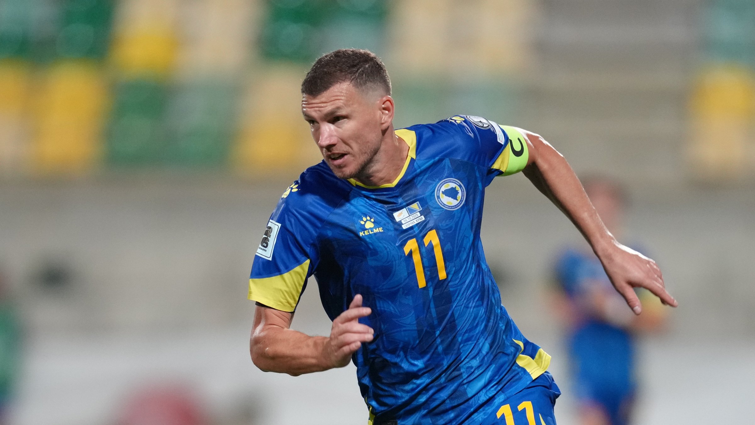 Bosnia-Herzegovina's Edin Dzeko during a World Cup 2026 Group H qualifying match between Cyprus and Bosnia-Herzegovina at AEK Arena, Larnaca, Cyprus, Oct. 9, 2025. (AP Photo)