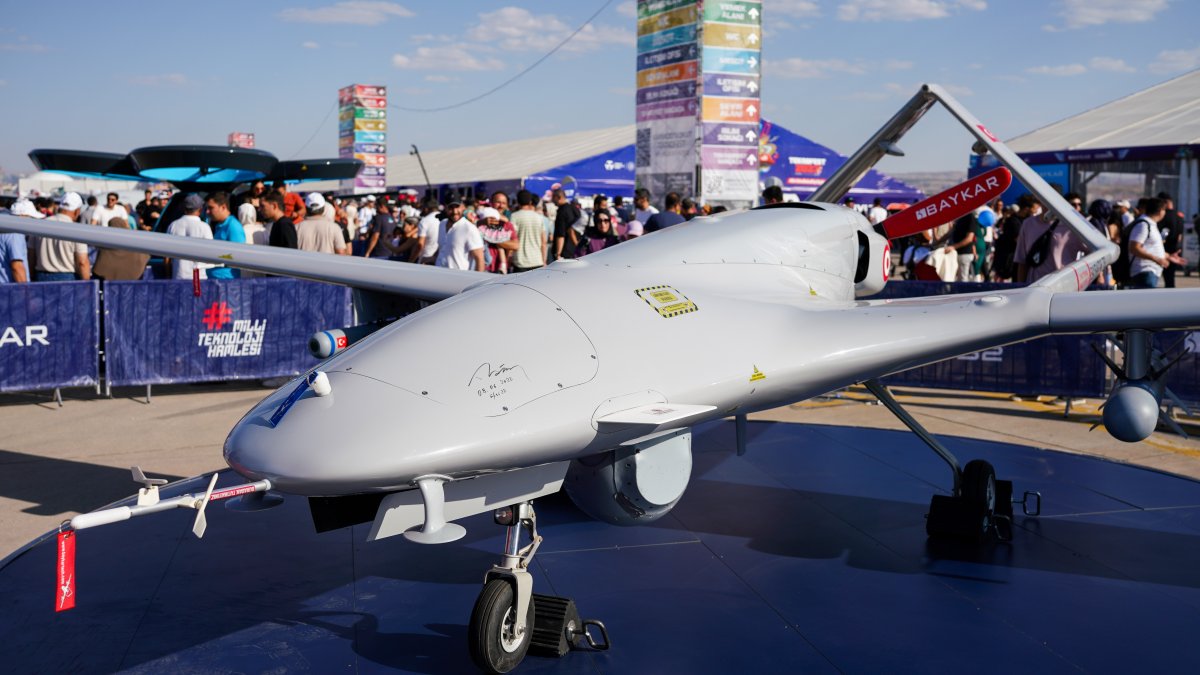 The Bayraktar TB2 drone developed by Baykar is photographed during Teknofest, Ankara, Türkiye, Aug. 30, 2023. (Reuters Photo)