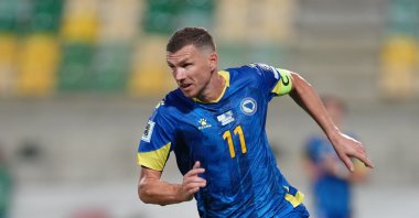 Bosnia-Herzegovina's Edin Dzeko during a World Cup 2026 Group H qualifying match between Cyprus and Bosnia-Herzegovina at AEK Arena, Larnaca, Cyprus, Oct. 9, 2025. (AP Photo)