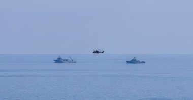 Turkish Navy’s TCG Alemdar joins search operations for the capsized passenger vessel, Girne, TRNC, Sept. 1, 2026. (AA Photo)
