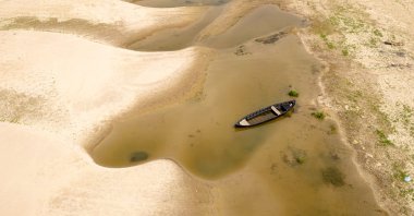 Usually submerged areas of the Danube River are exposed amid exceptionally low water levels, Rasova, Romania, Aug. 3 2026. (AP Photo)