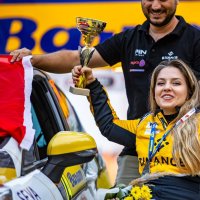 Turkish driver Kübra Denizci Keskin celebrates after winning the Barum Czech Rally, Zlin, Czechia, Aug. 16, 2026. (Courtesy of Kübra Denizci Keskin)