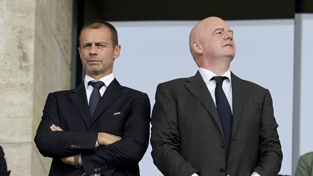 UEFA President Aleksander Ceferin (L) and FIFA President Gianni Infantino in the stands during the UEFA Euro 2024 round of 16 match at the Olympiastadion, Berlin, Germany, June 29, 2024. (Getty Images Photo)