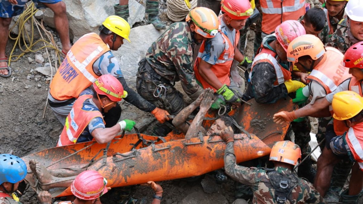 The Nepali Army rescue a worker from a hydropower tunnel following flash floods, Rasuwa district, Nepal, Sept. 4, 2026. (EPA Photo)