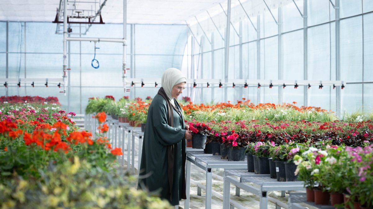 Emine Erdoğan examines plants during her visit to the Türkiye National Botanical Garden, Ankara, Türkiye, Sept. 3, 2026. (AA Photo)