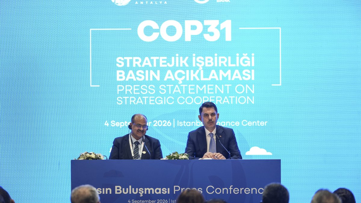Environment, Urbanization and Climate Change Minister Murat ⁠Kurum (R) and AIIB ⁠Vice President Ajay Bhushan ‌Pandey during the Climate Finance Summit, Istanbul, Türkiye, Sept. 4, 2026. (AA Photo)