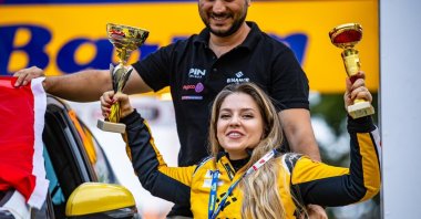 Turkish driver Kübra Denizci Keskin celebrates after winning the Barum Czech Rally, Zlin, Czechia, Aug. 16, 2026. (Courtesy of Kübra Denizci Keskin)