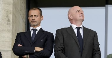 UEFA President Aleksander Ceferin (L) and FIFA President Gianni Infantino in the stands during the UEFA Euro 2024 round of 16 match at the Olympiastadion, Berlin, Germany, June 29, 2024. (Getty Images Photo)
