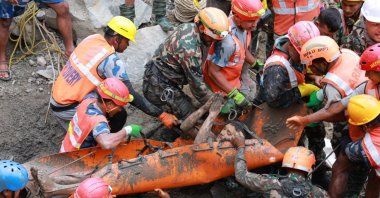 The Nepali Army rescue a worker from a hydropower tunnel following flash floods, Rasuwa district, Nepal, Sept. 4, 2026. (EPA Photo)