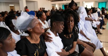 People mourn during a collective funeral service for more than twenty people killed by armed gangs last week in Kenscoff, Port-au-Prince, Haiti, Sept. 2, 2026. (AFP Photo)