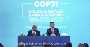 Environment, Urbanization and Climate Change Minister Murat ⁠Kurum (R) and AIIB ⁠Vice President Ajay Bhushan ‌Pandey during the Climate Finance Summit, Istanbul, Türkiye, Sept. 4, 2026. (AA Photo)