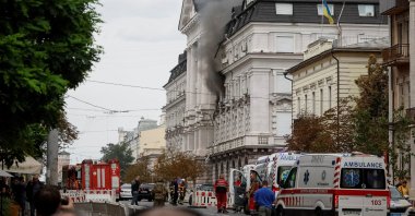 Smoke rises over a building at the headquarters of Ukraine's SBU security service after a Russian drone strike, amid Russia's attack on Ukraine, in Kyiv, Ukraine Sept. 4, 2026. (Reuters Photo)