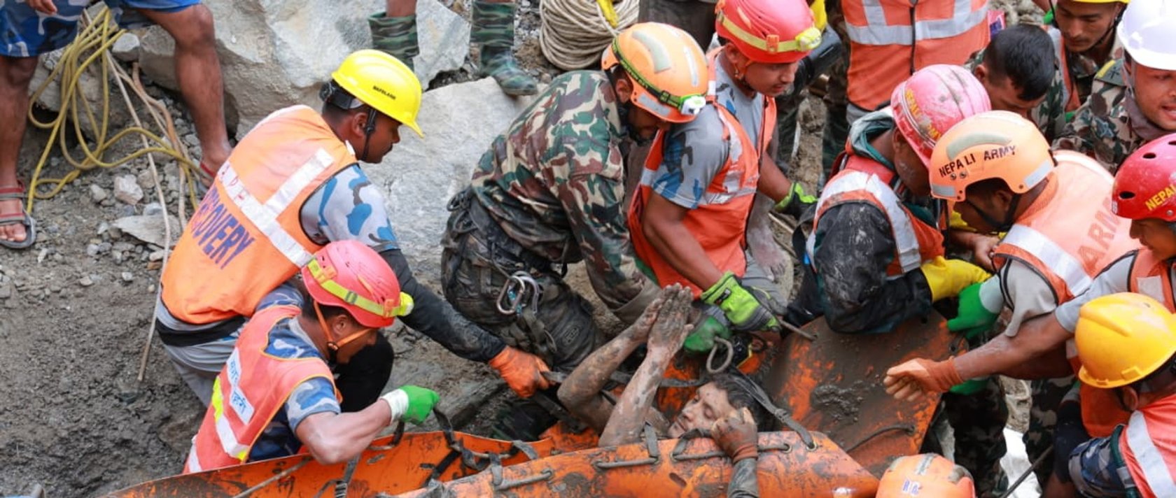 The Nepali Army rescue a worker from a hydropower tunnel following flash floods, Rasuwa district, Nepal, Sept. 4, 2026. (EPA Photo)