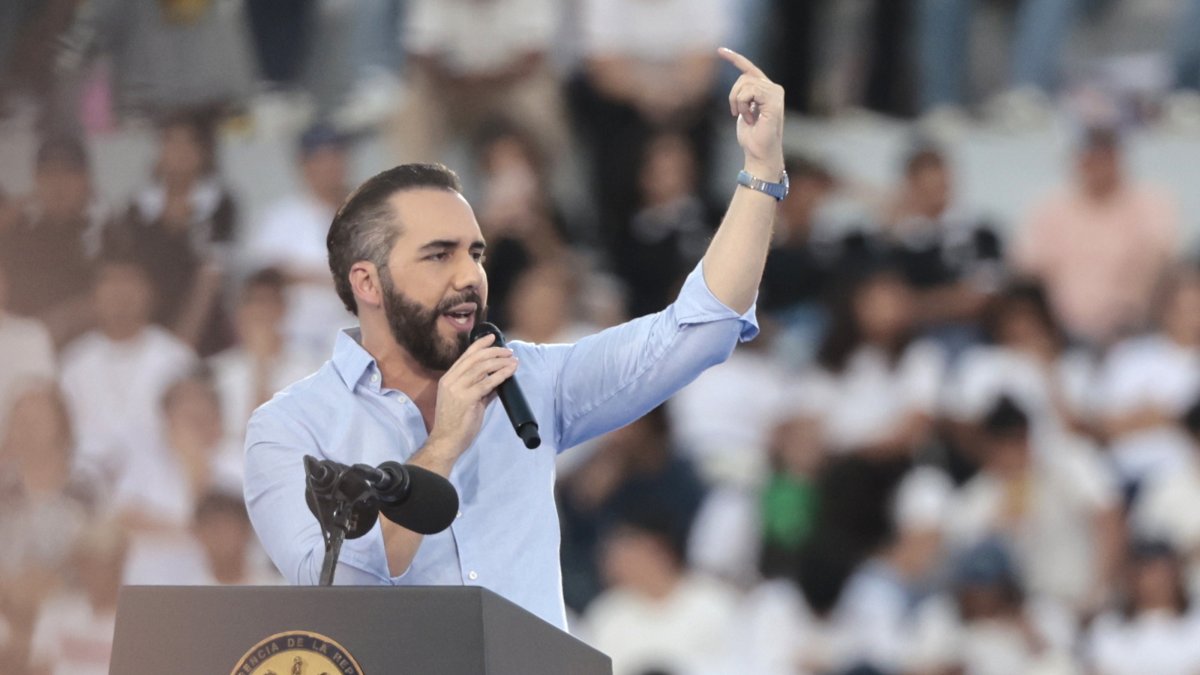 Salvadoran President Nayib Bukele speaks during an event at the Magico Gonzalez Stadium, San Salvador, El Salvador, Aug. 23, 2026. (EPA Photo)