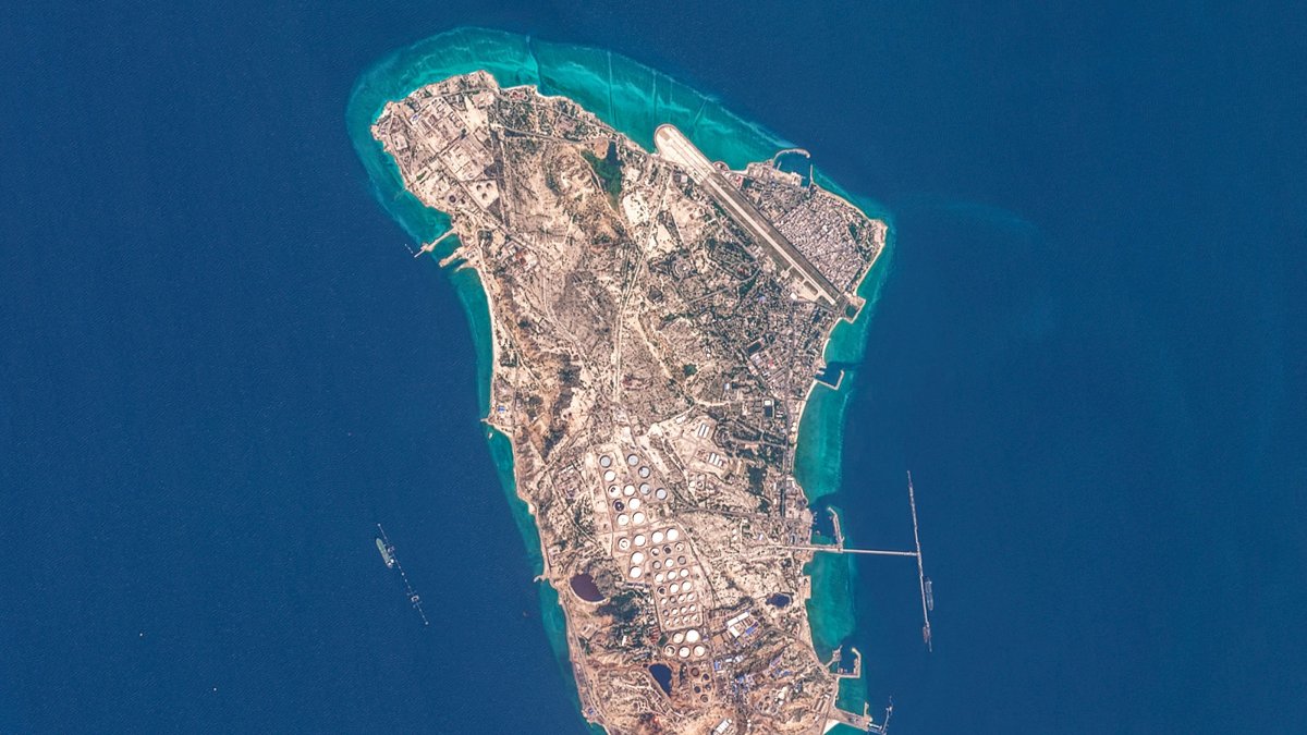 This handout image, taken by the European Space Agency (ESA) and captured by the Copernicus Sentinel-2 satellite, shows a view of Iran's Kharg Island, which hosts the country’s main crude export terminal and is responsible for the overwhelming majority of its oil shipments to the world, about 30 kilometres south of the mainland in the north of the Gulf, March 7, 2026. (AFP Photo)