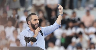 Salvadoran President Nayib Bukele speaks during an event at the Magico Gonzalez Stadium, San Salvador, El Salvador, Aug. 23, 2026. (EPA Photo)