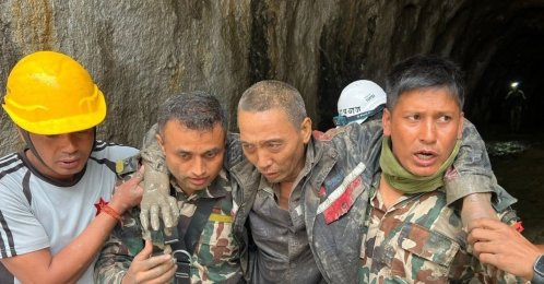 A Chinese worker is rescued alive from a hydroelectric power tunnel 11 days after he was trapped during a devastating flood, Rasuwa Nepal, Sept. 5, 2026. (IHA Photo)