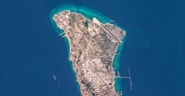 This handout image, taken by the European Space Agency (ESA) and captured by the Copernicus Sentinel-2 satellite, shows a view of Iran's Kharg Island, which hosts the country’s main crude export terminal and is responsible for the overwhelming majority of its oil shipments to the world, about 30 kilometres south of the mainland in the north of the Gulf, March 7, 2026. (AFP Photo)