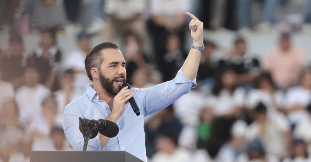 Salvadoran President Nayib Bukele speaks during an event at the Magico Gonzalez Stadium, San Salvador, El Salvador, Aug. 23, 2026. (EPA Photo)