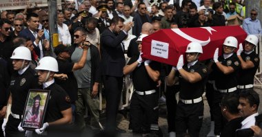 Turkish honor guards carry the coffin of Ayşenur Ezgi Eygi during her funeral in Didim, Aydın, western Türkiye, Sept. 14, 2024. (AP Photo)