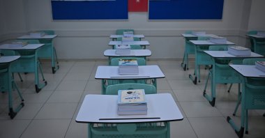 Textbooks for the 2026-2027 academic year are placed on desks at Ümitköy Kız Anadolu Imam Hatip Lisesi, Ankara, Türkiye, Sept. 2, 2026. (AA Photo)