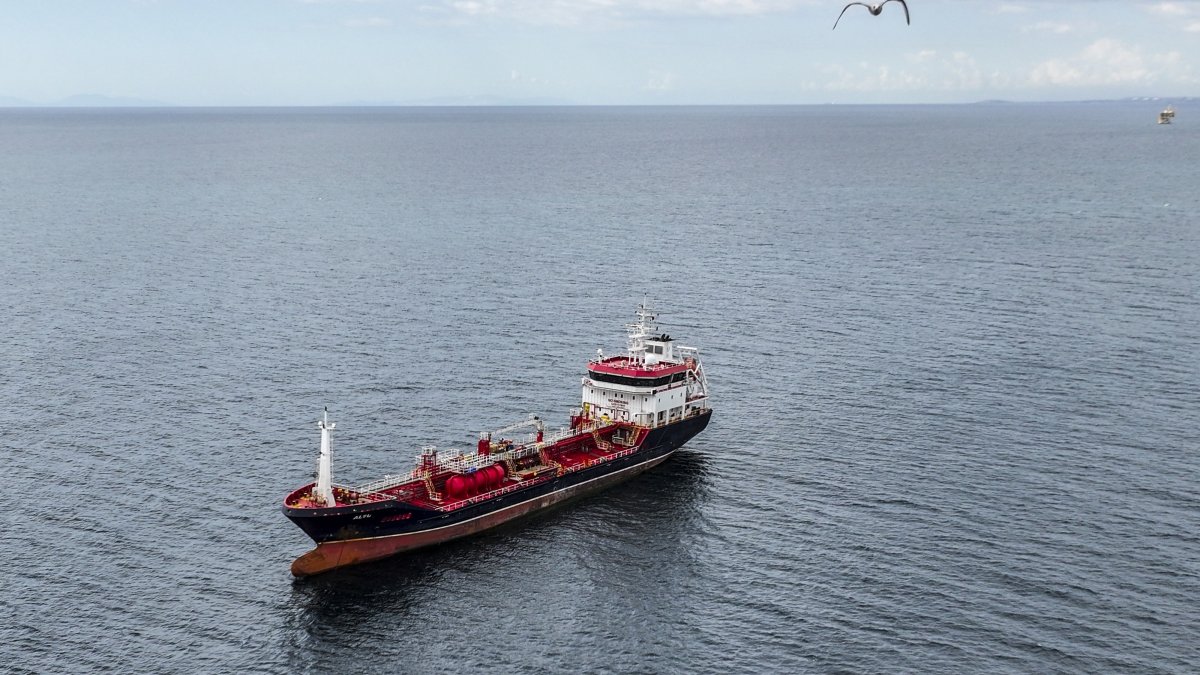 The commercial vessel Alsu, which was involved in an accident in the Marmara Sea, is seen waiting off the coast of Silivri, Istanbul, Türkiye, Sept. 7, 2026. (AA Photo)