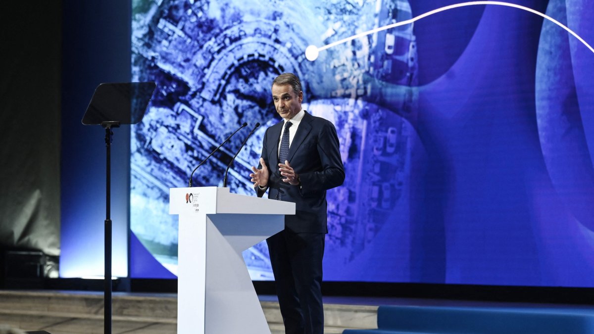 Greek Prime Minister Kyriakos Mitsotakis delivers a speech during the opening of the annual Thessaloniki International Fair (TIF), Thessaloniki, northern Greece, Sept. 5, 2026. (AFP Photo)